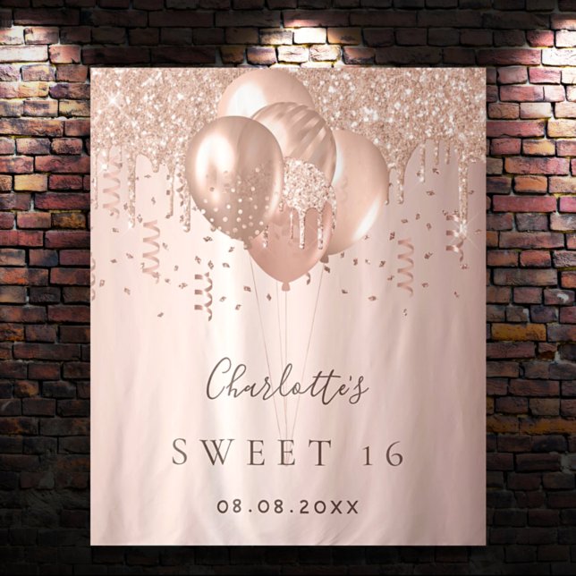 Tapiz Globos de oro rosa Sweet 16 con nombre (Subido por el creador)