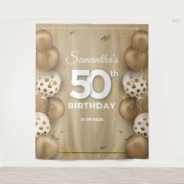 Tapiz Globos dorados y blancos de imitación cumpleaños 5