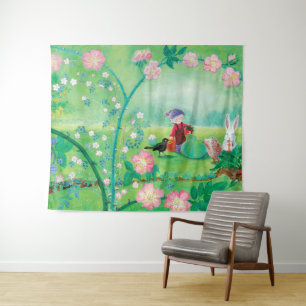 Tapiz Gnome jardener, Blackbird, Hedgehog y Conejo Blanc