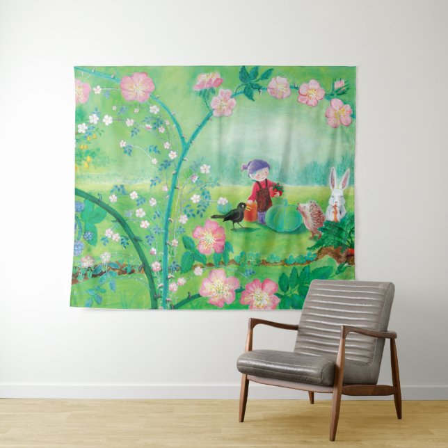 Tapiz Gnome jardener, Blackbird, Hedgehog y Conejo Blanc (In situ (horizontal))
