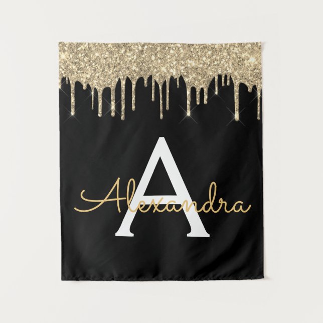 Tapiz Gold Black Luxury Purpurina Glam Monograma Nombre (Anverso)