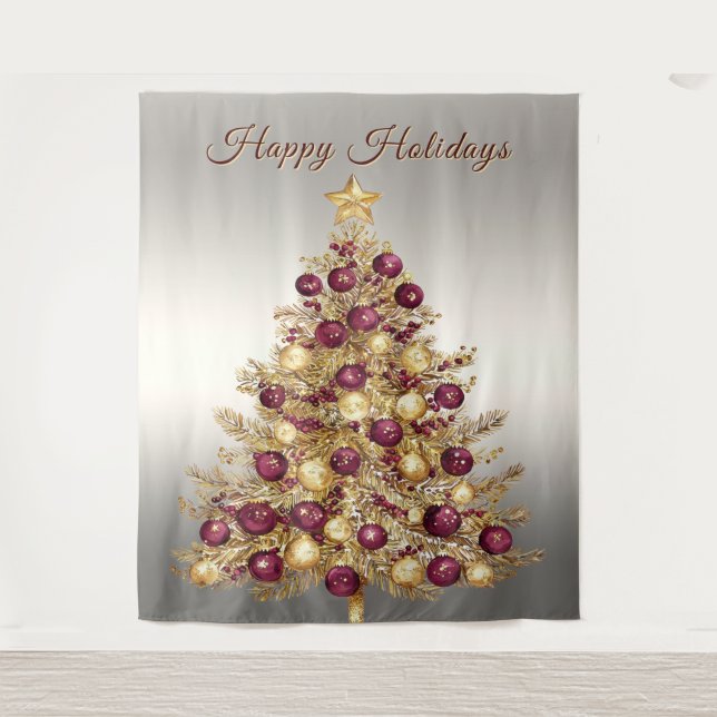 Tapiz Gold Burgundy Christmas Tree Holiday Backdrop (Anverso)