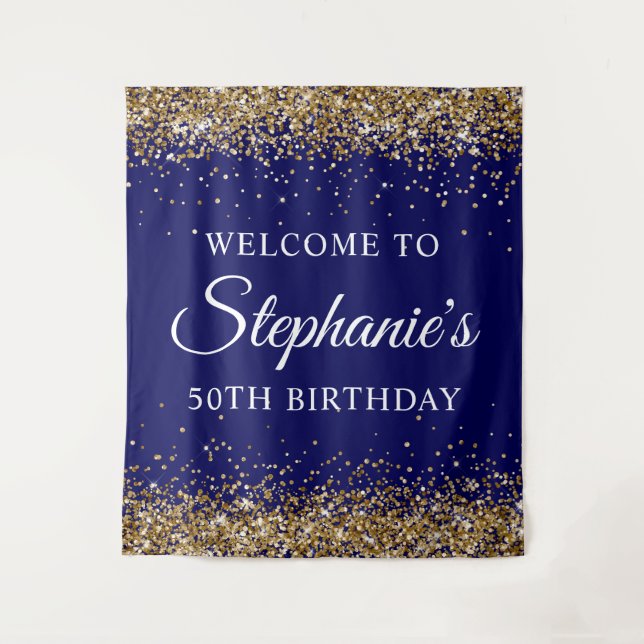Tapiz Gold Glitter Navy Blue 50Th Birthday Party Welcome (Anverso)
