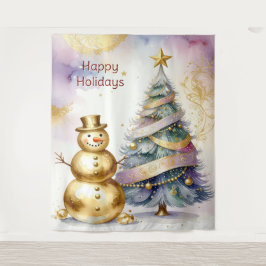 Tapiz Gold Snowman Christmas Tree Holiday Backdrop