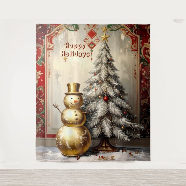 Tapiz Gold Snowman Christmas Tree Holiday Backdrop (Anverso)
