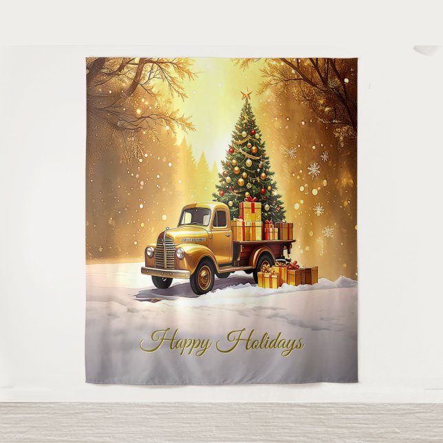 Tapiz Gold Truck Christmas Tree Holiday Backdrop (Anverso)