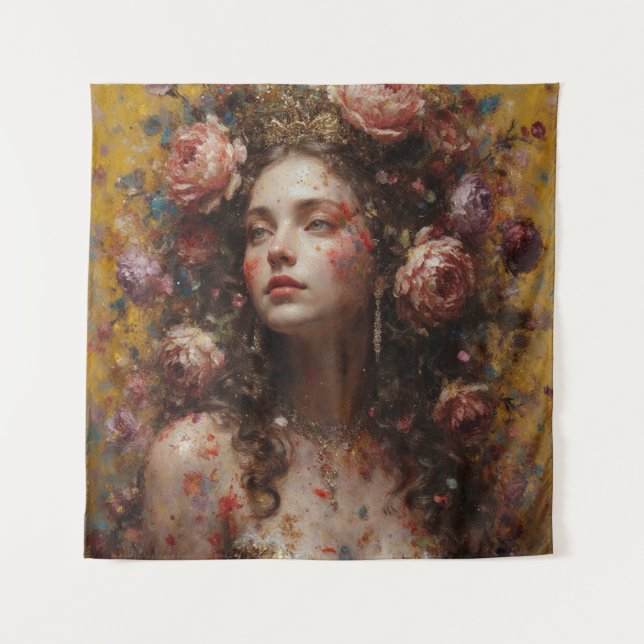 Tapiz Golden Bloom Goddess – Square Art Tapestry (Anverso)