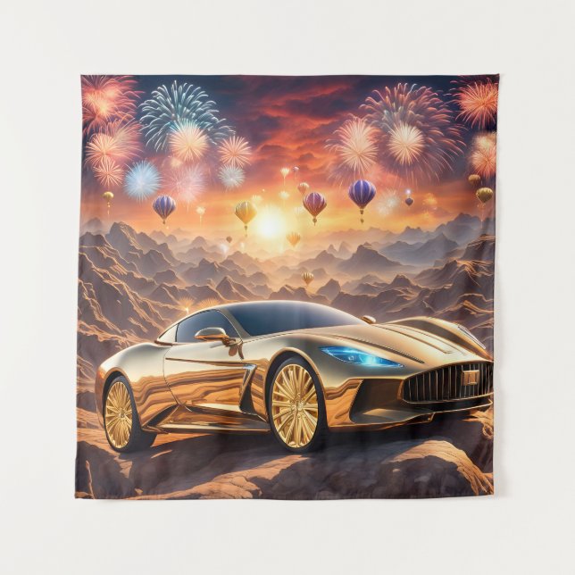 Tapiz golden luxury car in a desert landscape (Anverso)