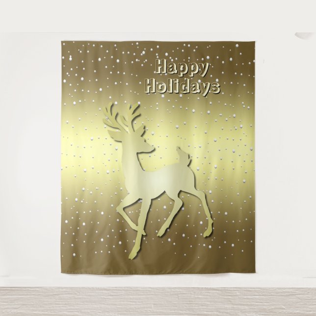 Tapiz Golden Reindeer Snowy Holiday Backdrop (Anverso)