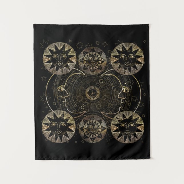 Tapiz Golden Sun Moon Stars Arte de astronomía celestial (Anverso)