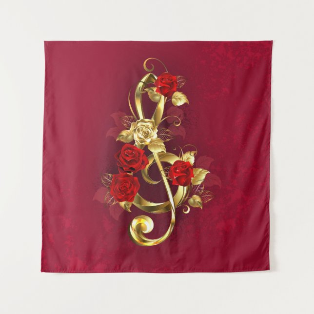 Tapiz Golden Treble Clef con flores Rosas (Anverso)