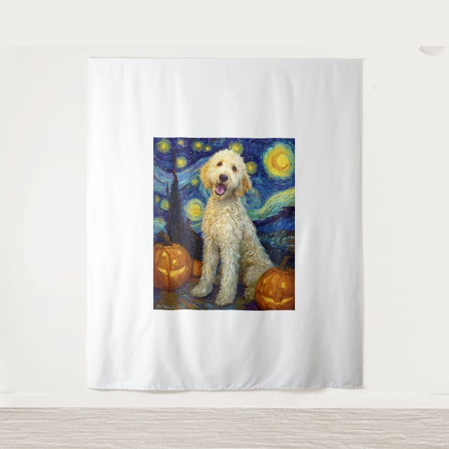 Tapiz Goldendoodle Perro Lindo Halloween Jack O Lantern  (Anverso)