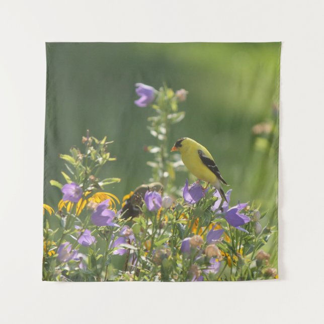 Tapiz Goldfinch en una flor harebell (Anverso)
