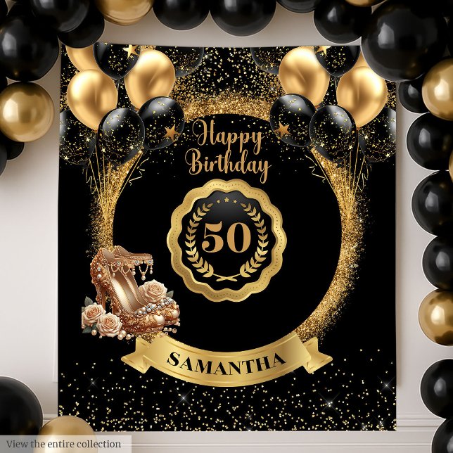 Tapiz Goles de oro Globos negros Rótulo de cumpleaños 50 (Gold Heels Black Balloons 50th Birthday Sign Tapestry )