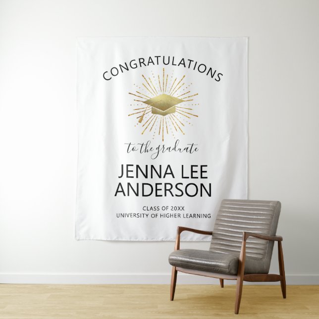 Tapiz Gorrito de Graduación Dorado Moderno con Estallido (In situ)