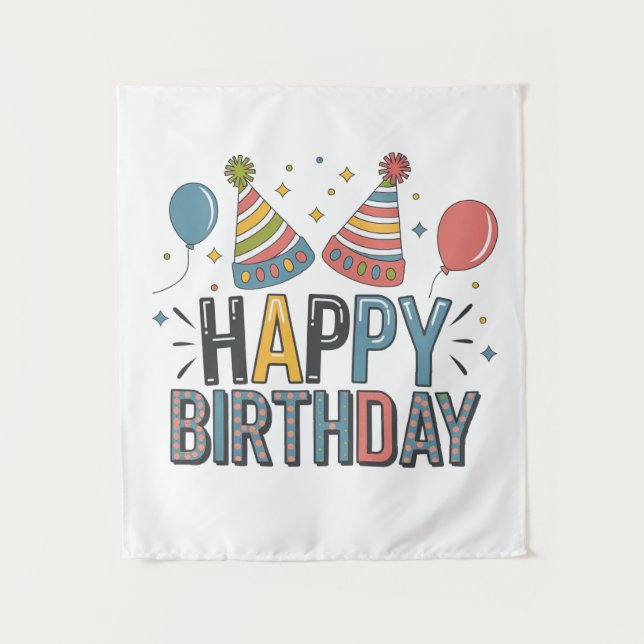 Tapiz Gorros de Fiesta de Cumpleaños Feliz (Anverso)