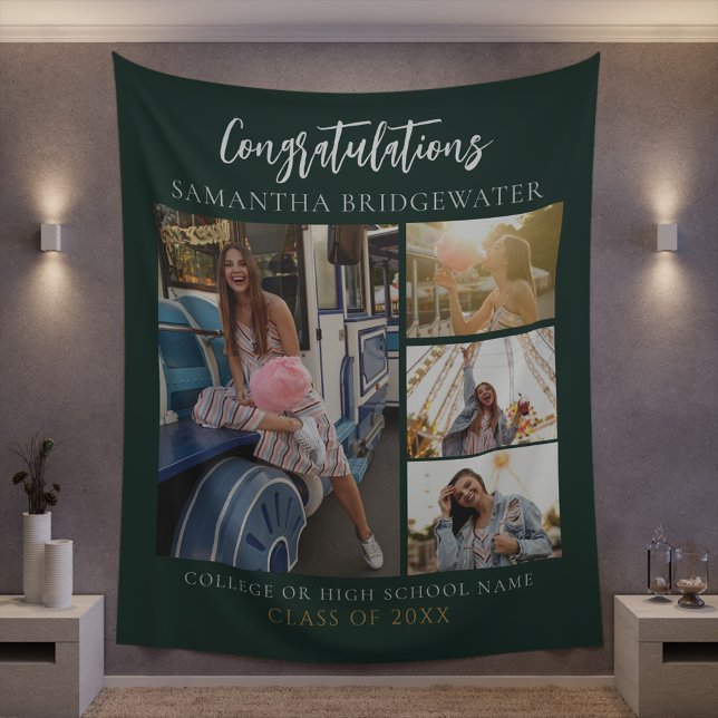 Tapiz Graduación 2025 Collage de fotos Grado Verde Moder (Graduation Party Photo Collage Green Tapestry)