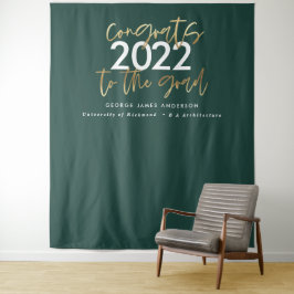 Tapiz graduación elegante con guión moderno verde y dora
