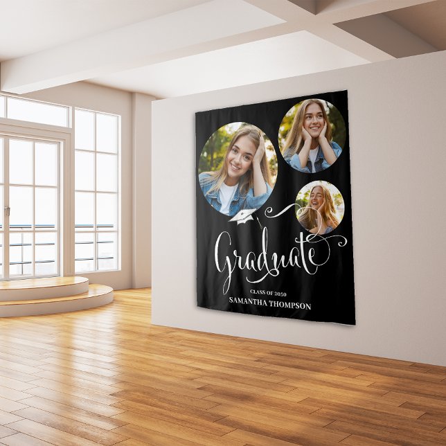 Tapiz Graduado Fiesta de fotografía en blanco y negro (Graduation photo Graduate typography backdrop. )