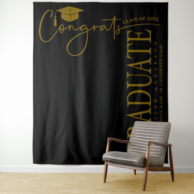 Tapiz Graduado minimalista de Black & Gold Congrats (In situ)