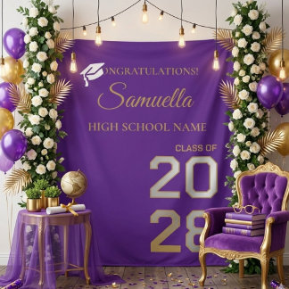 Tapiz Graduate Purple Gold Script Graduation Party
