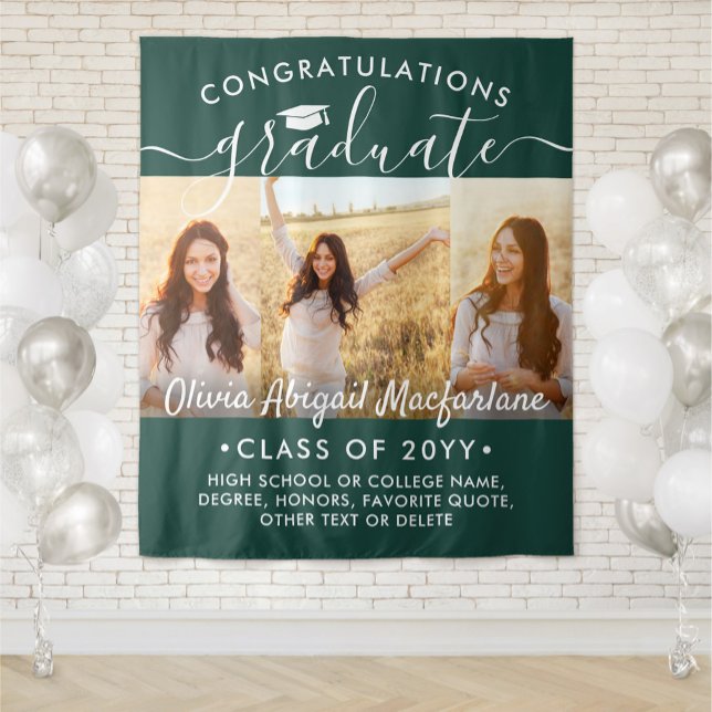 Tapiz Graduation 3 Photo Collage Dark Green Backdrop (Subido por el creador)