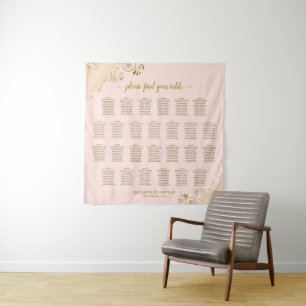 Tapiz Gráfico de Asientos de Boda Rosa y Dorado de Mesa