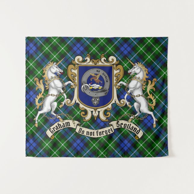 Tapiz Graham Clan Badge & Unicorns con Tartán (Anverso (horizontal))
