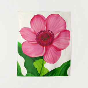 Tapiz Gran anémona rosa con hojas verdes de esmeralda