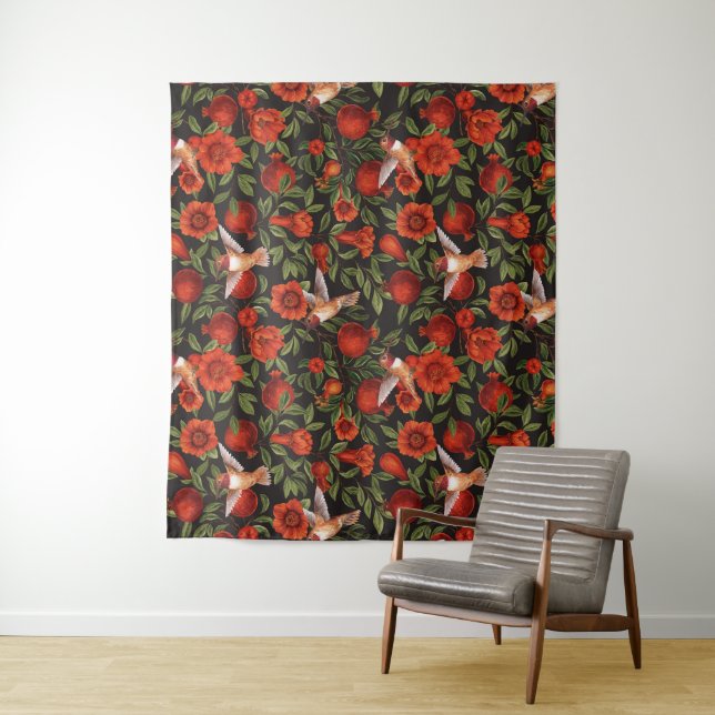 Tapiz Granadas y colibríes/hojas verdes en negro (In situ)