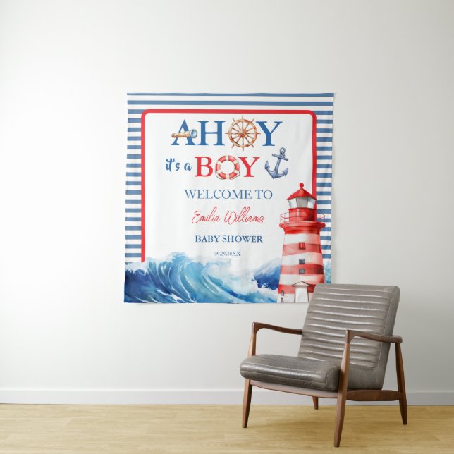 Tapiz Grand Striped Blue Red Nautical Ahoy Boy  (In situ)