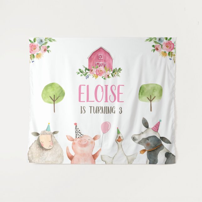 Tapiz Granja Animales Barnyard Banner Chica rosado Cumpl (Anverso (horizontal))