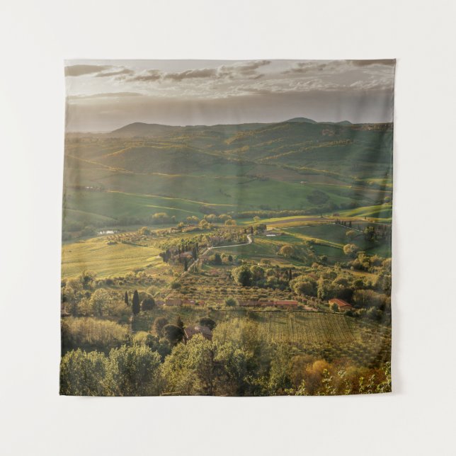 Tapiz Granjas rurales italianas, puesta de sol toscana. (Anverso)