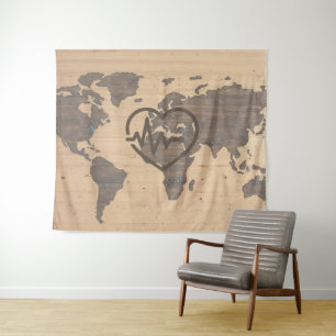 Tapiz Grano de madera de World Map Heartbeat