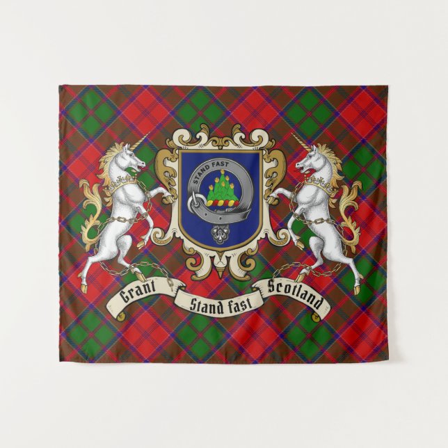 Tapiz Grant Clan Badge & Unicorns con Tartán (Anverso (horizontal))