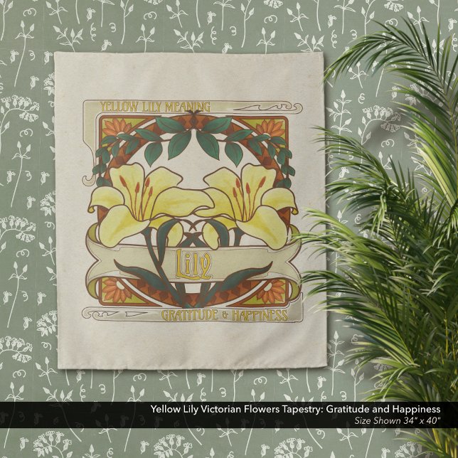 Tapiz Gratitud de la flor de amarillo Lily Victorian Fel (Yellow Lily Victorian Flowers Tapestry: Gratitude and Happiness–Antique White Background)