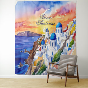 Tapiz Grecia Santorini Watercolor Sketch Aegean Sea  