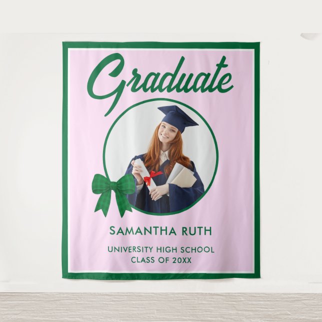 Tapiz Green Gingham Bow Photo Graduation Backdrop (Anverso)