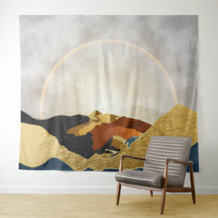 Tapiz Green Gold Metallic Mountain Bright Sun Landscap