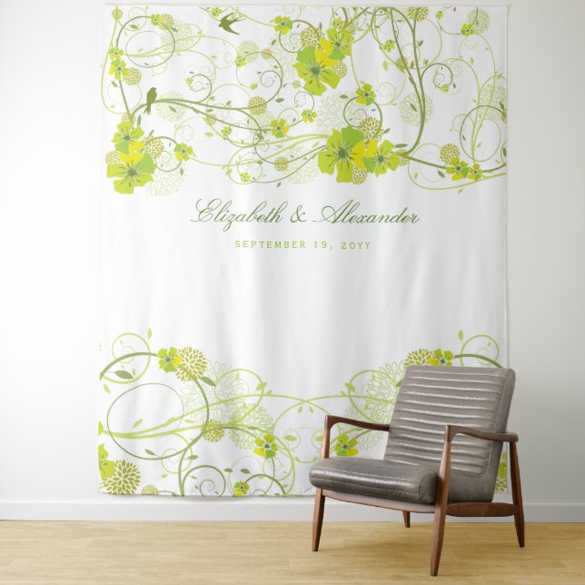 Tapiz Green Hibiscus & Swallows Floral Wedding Backdrop (In situ)