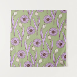 Tapiz Green Purple Retro Y2K Funky Hippie Flower Pattern