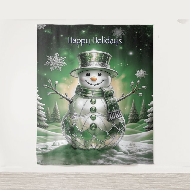 Tapiz Green Snowman Snowflakes Holiday Backdrop (Anverso)
