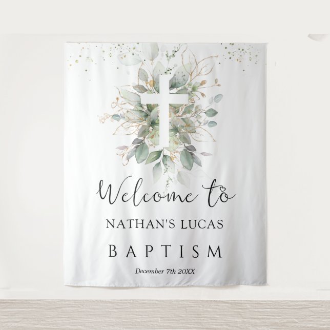 Tapiz Greenery Foliage Cross Baby Baptism  (Anverso)