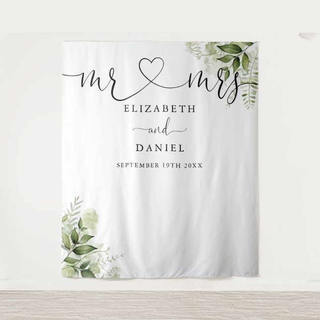 Tapiz Greenery Mr. Mrs. Script Boda Photo Backdrop (Anverso)