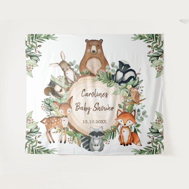 Tapiz Greenery Woodland Forest Animals Baby Shower (Anverso (horizontal))