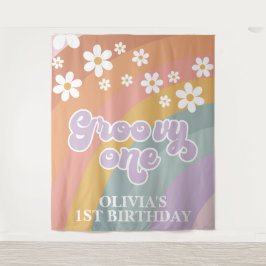 Tapiz Groovy arcoiris retro primer cumpleaños