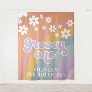 Tapiz Groovy arcoiris retro primer cumpleaños