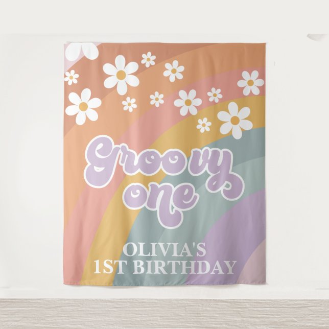 Tapiz Groovy arcoiris retro primer cumpleaños (Anverso)