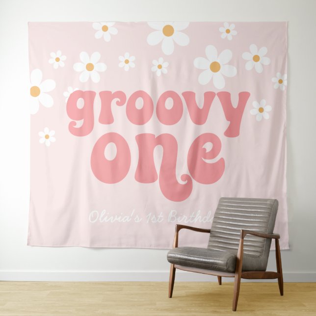 Tapiz Groovy One Retro Daisy Rosa Cumpleaños 1 Banner (In situ (horizontal))