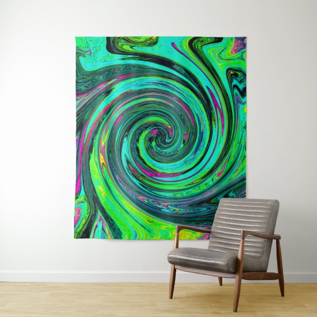 Tapiz Groovy Resumen Retro Green y Magenta Swirl (In situ)